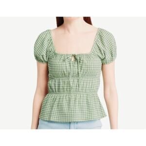Madewell Omaha Tiered Green & White Gingham Square Neck Puff Sleeve Top Size M